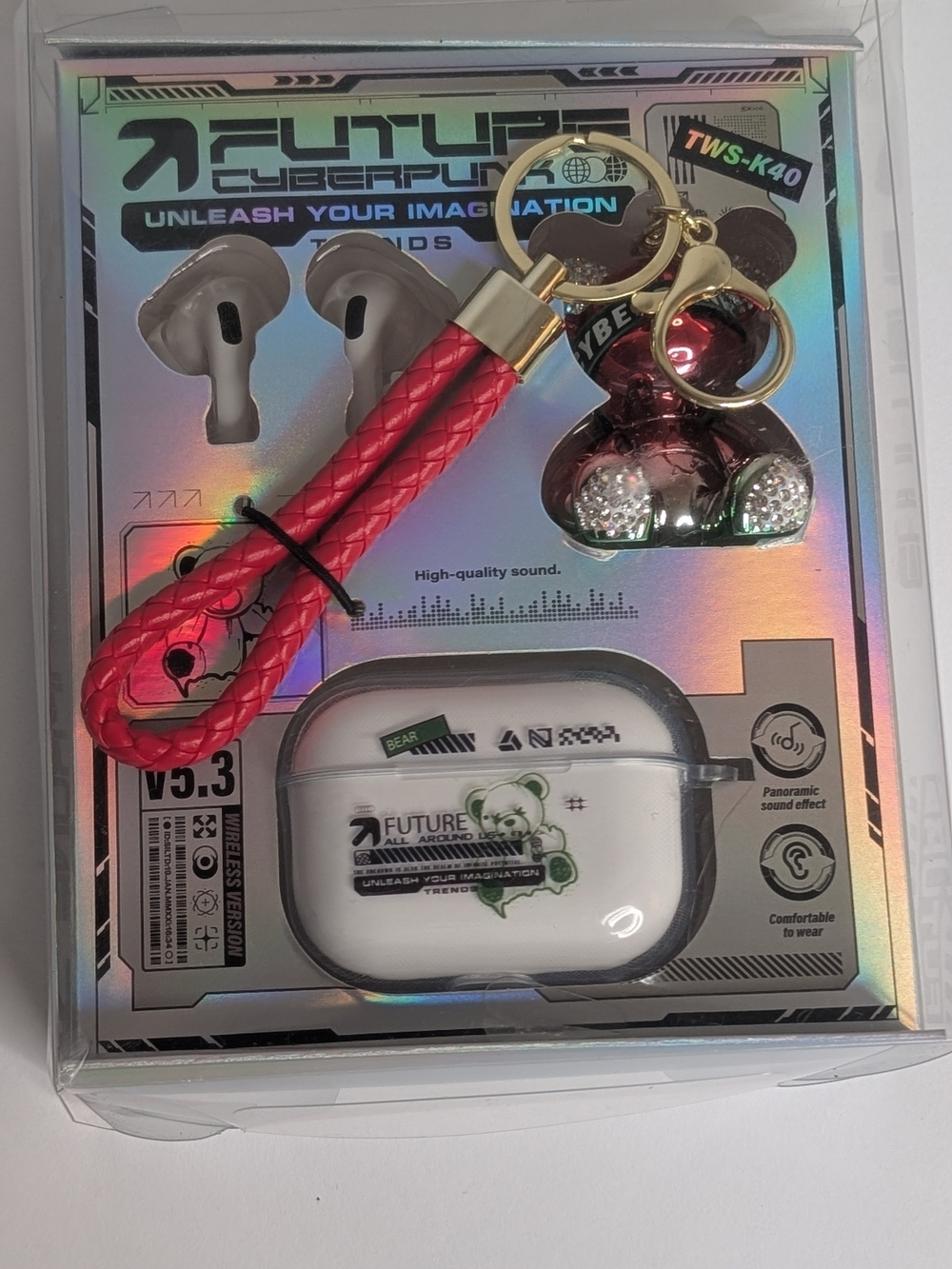 Cyberpunk Red Wireless Earbuds with White Case and Red Keychain